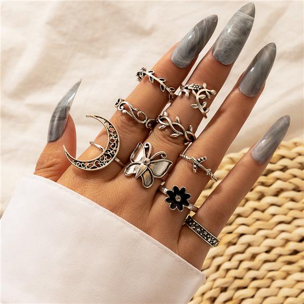 Bulk Jewelry Retro airplane flower leaf moon butterfly ring 10-piece ring JDC-RS-c008 Wholesale factory from China YIWU China