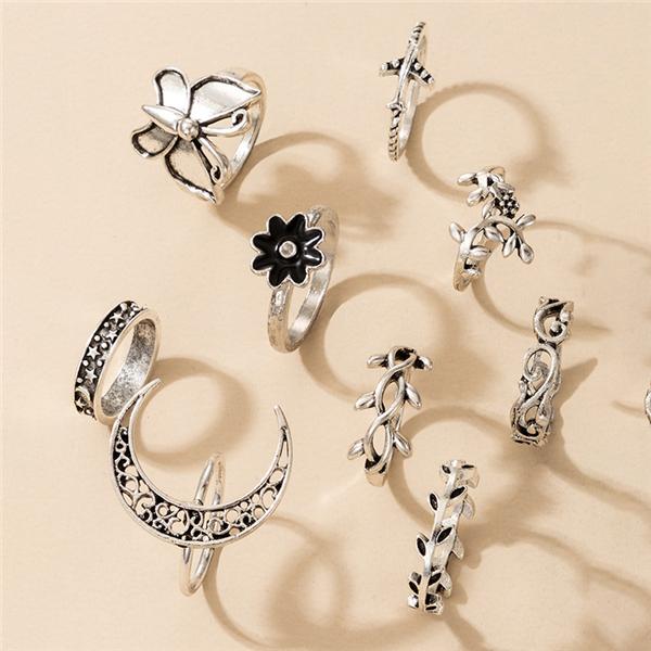 Bulk Jewelry Retro airplane flower leaf moon butterfly ring 10-piece ring JDC-RS-c008 Wholesale factory from China YIWU China
