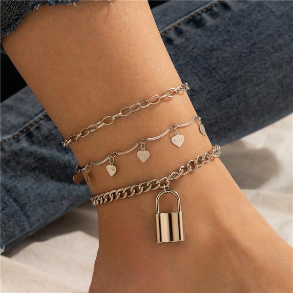Bulk Jewelry Retro alloy silver lock love heart pendant anklet 3-piece set JDC-AS-c008 Wholesale factory from China YIWU China