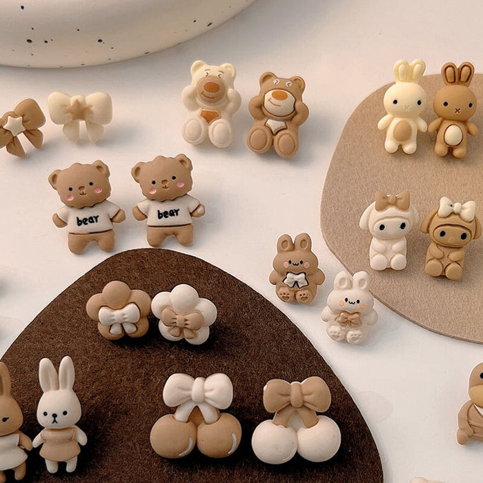 Wholesale 925 Silver Needle Milk Coffee Color Cartoon Bear and Rabbit Earrings JDC-ES-HanXi001 Earrings 涵熙 Wholesale Jewelry JoyasDeChina Joyas De China