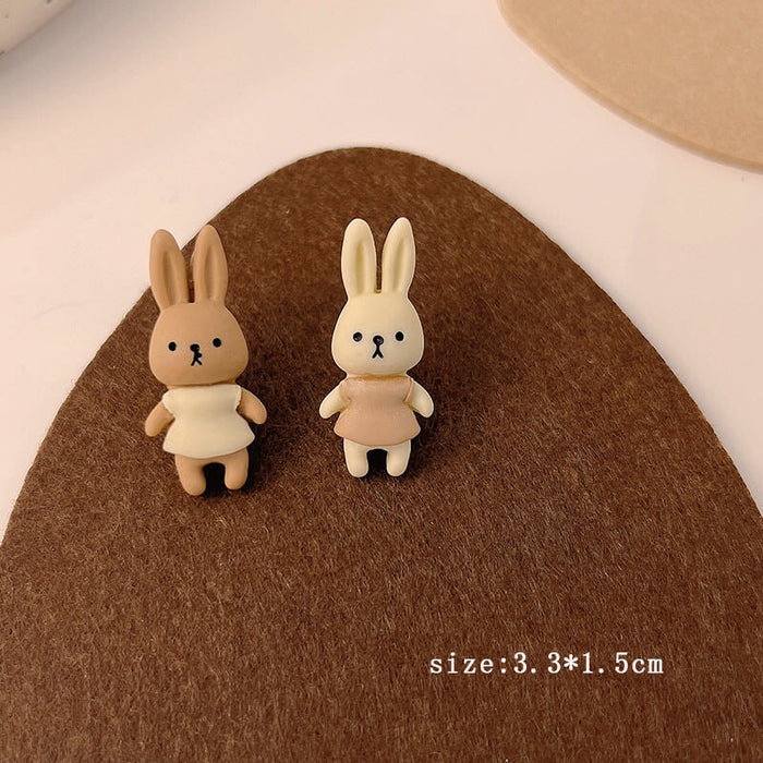 Wholesale 925 Silver Needle Milk Coffee Color Cartoon Bear and Rabbit Earrings JDC-ES-HanXi001 Earrings 涵熙 Wholesale Jewelry JoyasDeChina Joyas De China