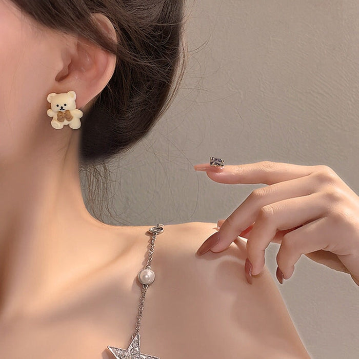 Wholesale 925 Silver Needle Milk Coffee Color Cartoon Bear and Rabbit Earrings JDC-ES-HanXi001 Earrings 涵熙 Wholesale Jewelry JoyasDeChina Joyas De China