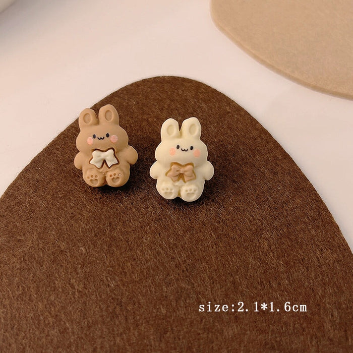 Wholesale 925 Silver Needle Milk Coffee Color Cartoon Bear and Rabbit Earrings JDC-ES-HanXi001 Earrings 涵熙 Wholesale Jewelry JoyasDeChina Joyas De China