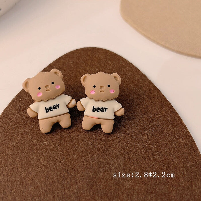 Wholesale 925 Silver Needle Milk Coffee Color Cartoon Bear and Rabbit Earrings JDC-ES-HanXi001 Earrings 涵熙 MY35076 Wholesale Jewelry JoyasDeChina Joyas De China