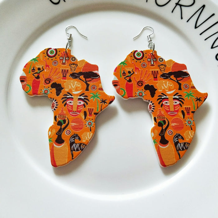 Wholesale African Pattern Geometric Map Wood Earrings MOQ≥2 JDC-ES-AnX001 Earrings 安修 Orange Wholesale Jewelry JoyasDeChina Joyas De China