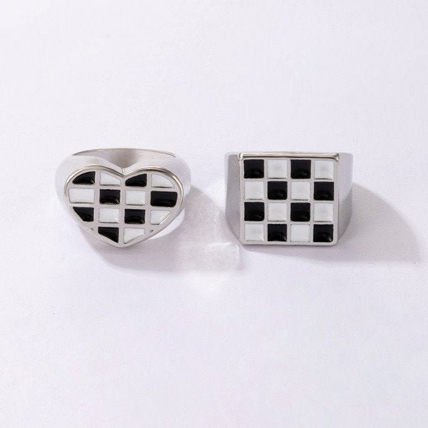 Wholesale alloy black and white checkerboard ring two-piece set JDC-RS-C342 Rings 咏歌 Wholesale Jewelry JoyasDeChina Joyas De China
