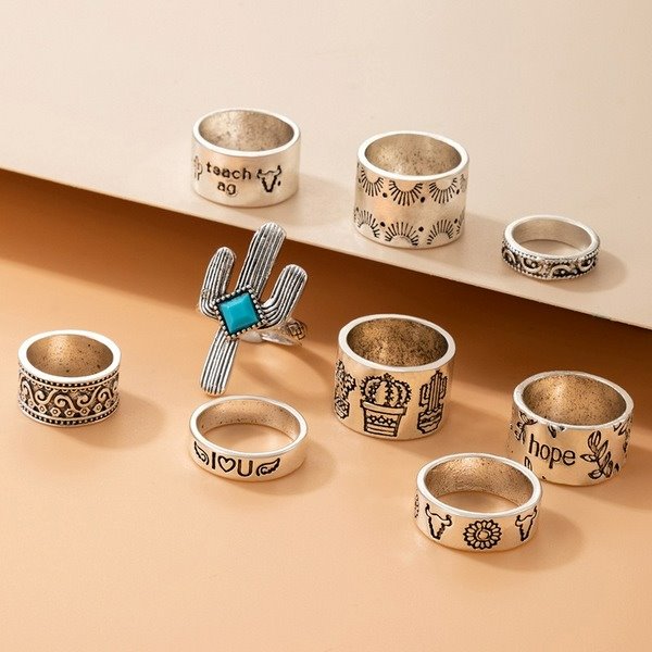 Wholesale alloy blue turquoise cactus ring nine-piece set JDC-RS-C325 Rings 咏歌 Wholesale Jewelry JoyasDeChina Joyas De China