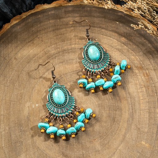 Bulk Jewelry Wholesale alloy Bohemian oval tassels are set with turquoise earrings JDC-ES-KJ042 Wholesale factory from China YIWU China