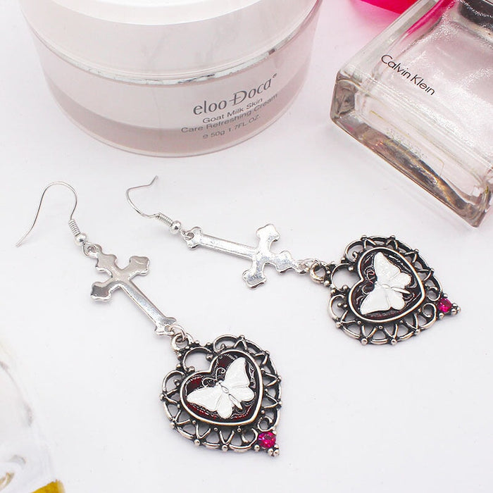 Wholesale alloy cross heart shape ancient silver drip oil white butterfly gemstone earrings JDC-ES-YYFF001 Earrings 燕羽飞飞 Wholesale Jewelry JoyasDeChina Joyas De China