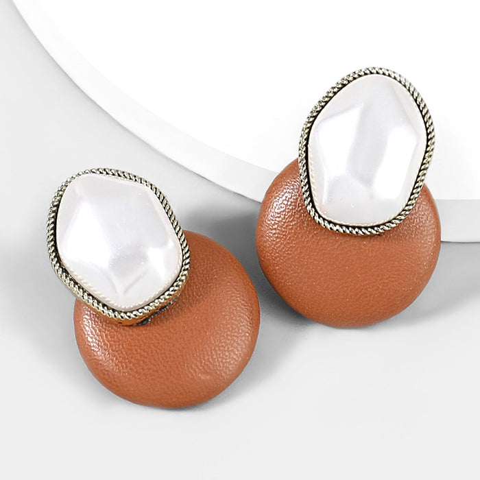 Wholesale alloy imitation pearl artificial leather round earrings JDC-ES-JL827 Earrings 氿乐 brown Wholesale Jewelry JoyasDeChina Joyas De China