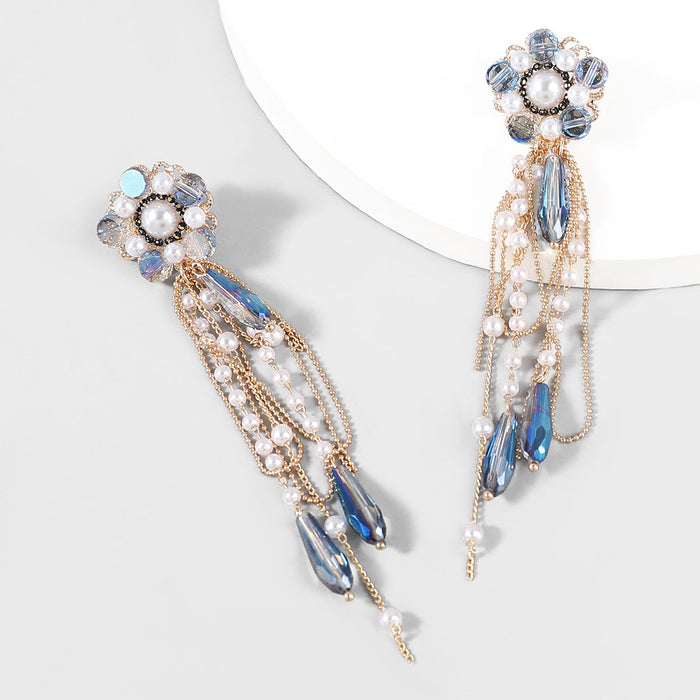 Wholesale Alloy imitation pearl flower tassel earrings women JDC-ES-JL712 Earrings 氿乐 blue Wholesale Jewelry JoyasDeChina Joyas De China