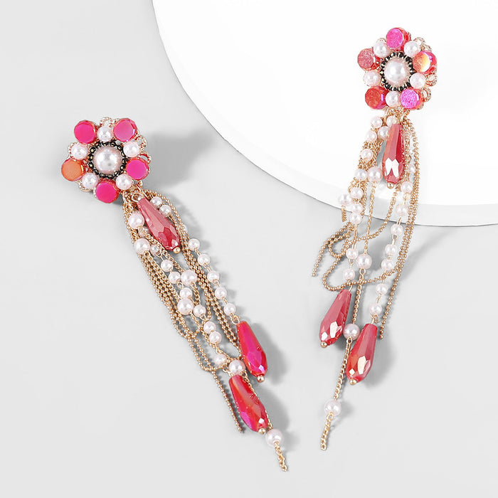 Wholesale Alloy imitation pearl flower tassel earrings women JDC-ES-JL712 Earrings 氿乐 Red Wholesale Jewelry JoyasDeChina Joyas De China