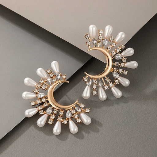 Wholesale alloy large pearl fan-shaped diamond set semicircle earrings JDC-ES-C180 Earrings JoyasDeChina Wholesale Jewelry JoyasDeChina Joyas De China