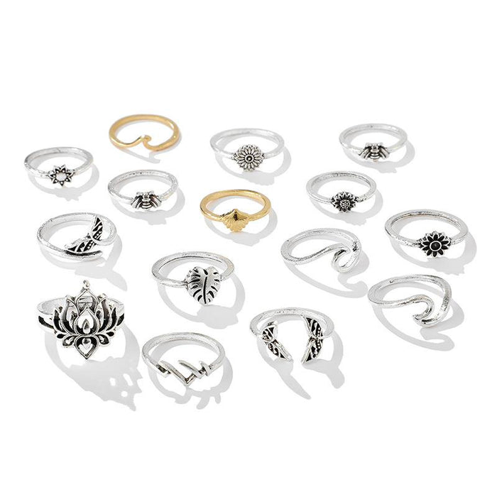 Bulk Jewelry Wholesale Alloy Silver Bee Lotus Fish Tail Sunflower 15 Piece Ring Set JDC-RS-C164 Wholesale factory from China YIWU China