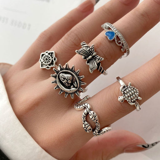 Wholesale ancient silver turtle butterfly vintage snake shape love sun alloy ring set 6 piece set JDC-RS-F087 Rings 韩之尚 55245 Wholesale Jewelry JoyasDeChina Joyas De China