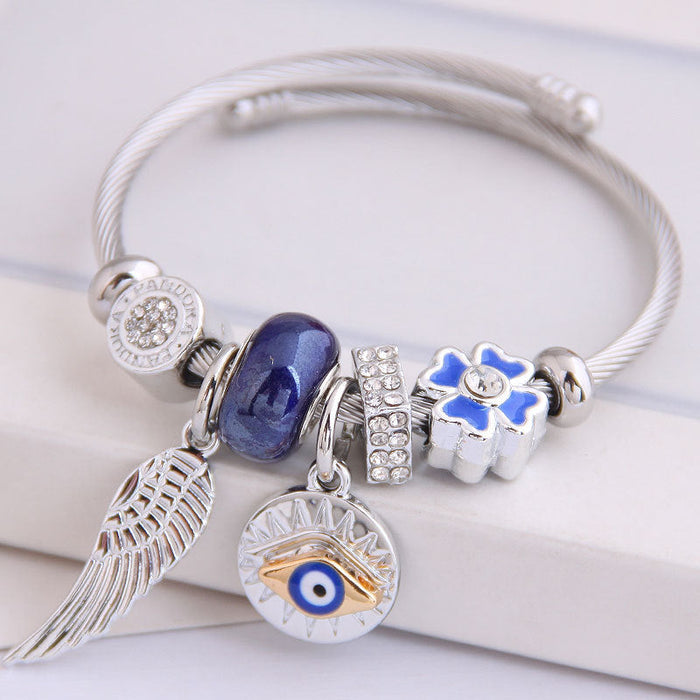 Wholesale angel wings eyes steel wire bracelet JDC-BT-GSXINY061 Bracelet JoyasDeChina Four-leaf clover blue Wholesale Jewelry JoyasDeChina Joyas De China