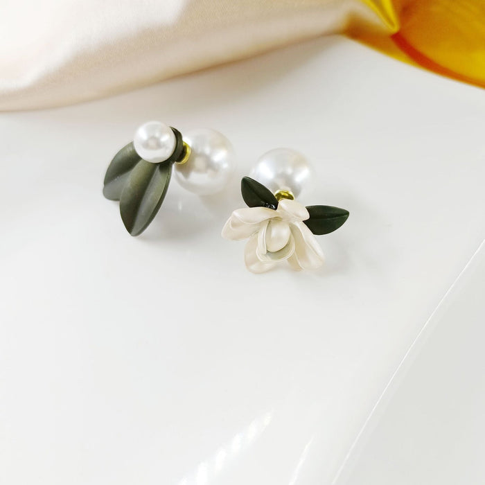 Wholesale asymmetric leaf gardenia flower pearl alloy earrings JDC-ES-HZQ004 Earrings 青之荷 Wholesale Jewelry JoyasDeChina Joyas De China