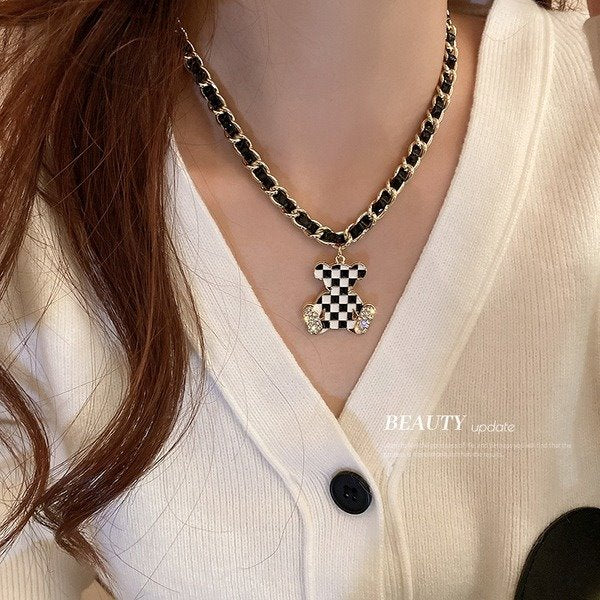 Wholesale Black and White Checkered Leather Alloy Bear Necklaces JDC-NE-BY064 Necklaces 宝钰 Wholesale Jewelry JoyasDeChina Joyas De China