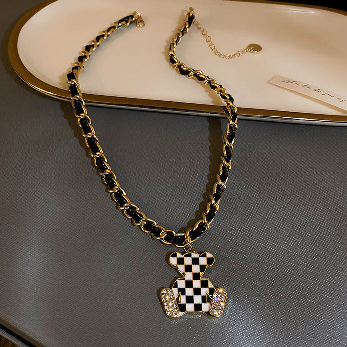 Wholesale Black and White Checkered Leather Alloy Bear Necklaces JDC-NE-BY064 Necklaces 宝钰 bear Wholesale Jewelry JoyasDeChina Joyas De China