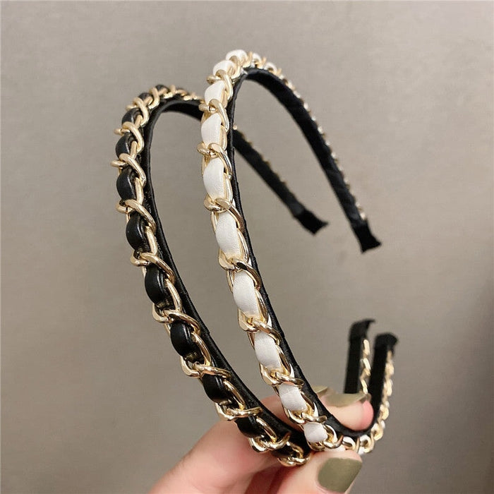 Wholesale black Leather Small Fragrance Chain Simple Headband (F) JDC-HD-Yangq010 Headband 艳茜 Wholesale Jewelry JoyasDeChina Joyas De China