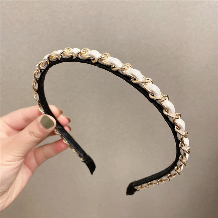 Wholesale black Leather Small Fragrance Chain Simple Headband (F) JDC-HD-Yangq010 Headband 艳茜 Chain terms - white Wholesale Jewelry JoyasDeChina Joyas De China