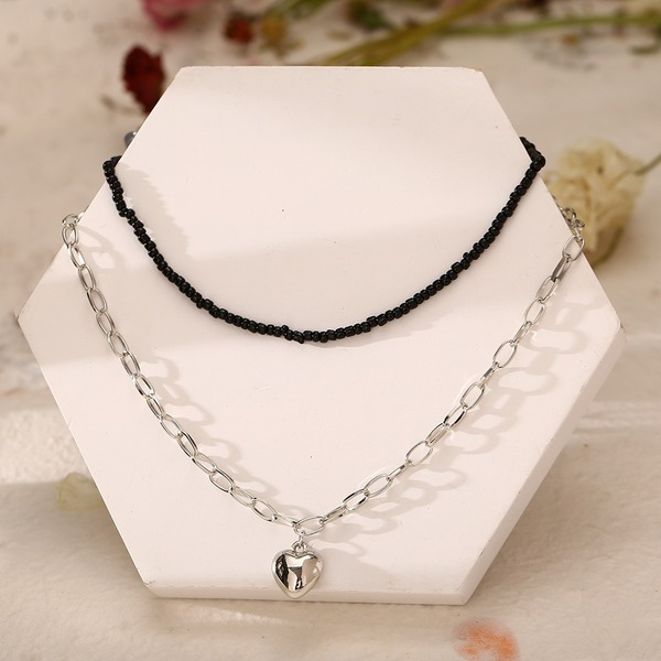 Bulk Jewelry Wholesale Black Pearl Gold Love Pendant double layer stacked geometric alloy necklace with rice beads JDC-NE-F352 Wholesale factory from China YIWU China