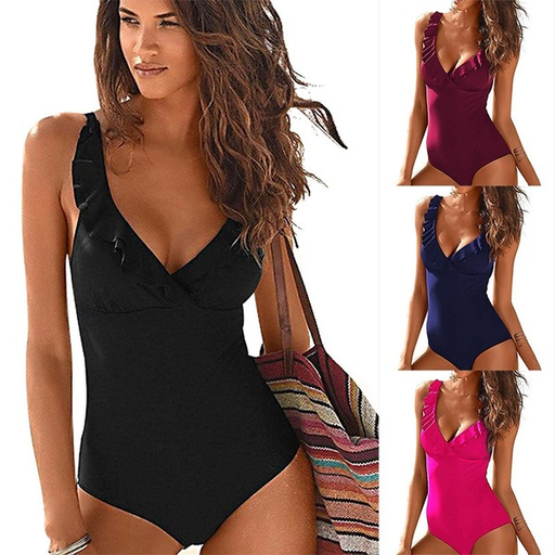 Bulk Jewelry Wholesale black polyester swimsuit sexy jumpsuit V collar lotus leaf edge JDC-SW-TW018 Wholesale factory from China YIWU China