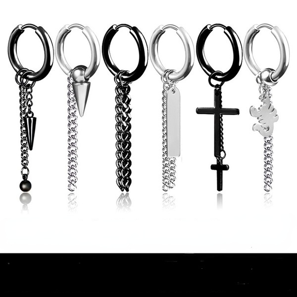 Bulk Jewelry Wholesale black stainless steel men's long tassel chain cross earrings JDC-MES-BS003 Wholesale factory from China YIWU China