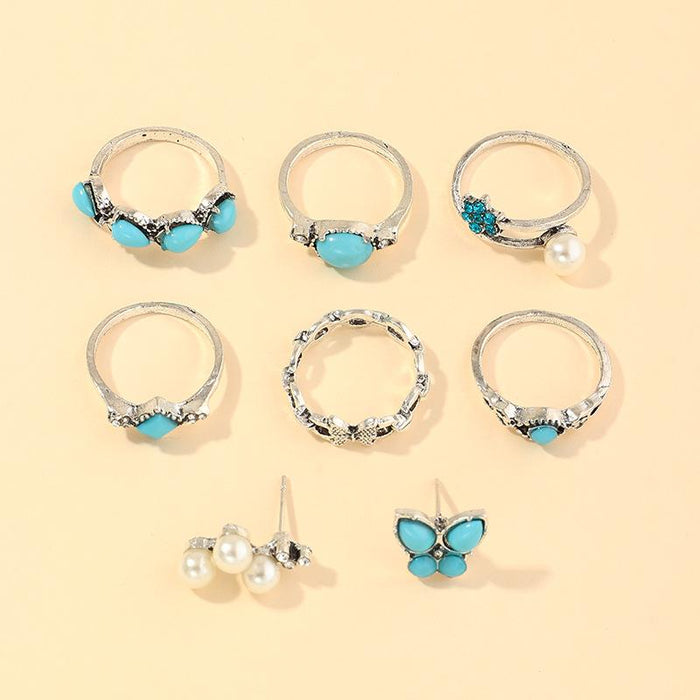 Bulk Jewelry Wholesale blue alloy resin ring butterfly pearl ring set of 8 JDC-RS-e043 Wholesale factory from China YIWU China