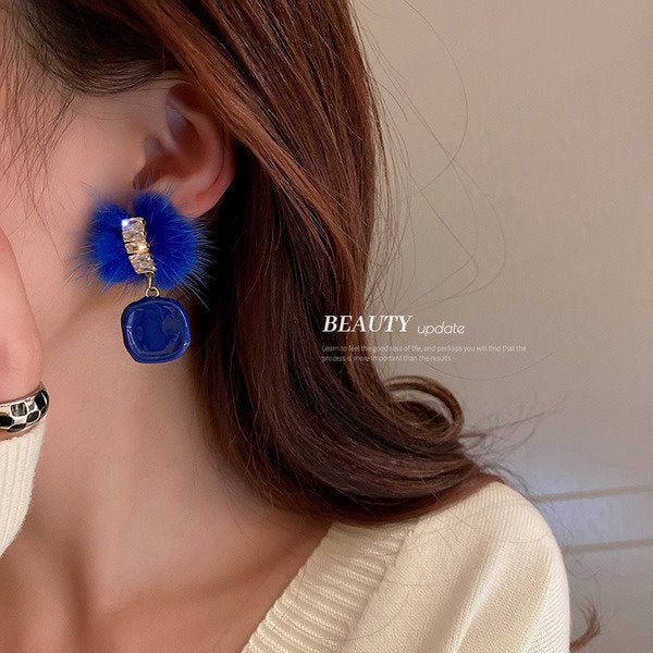 Wholesale blue love wool ball earrings JDC-ES-BY038 Earrings 宝钰 Wholesale Jewelry JoyasDeChina Joyas De China