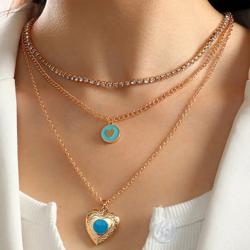 Wholesale Blue Ocean Flip Love Multilayer Chain Alloy Necklace JDC-NE-NZ325 Necklaces 奈珠 Wholesale Jewelry JoyasDeChina Joyas De China