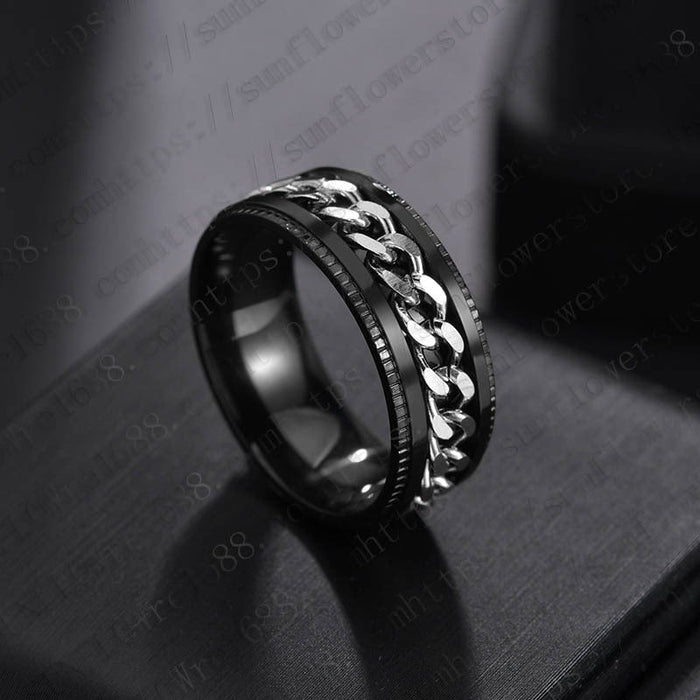 Wholesale blue stainless steel rotating ring JDC-RS-RXSFL010 Rings 尚芙乐 Black pattern+steel color 7 Wholesale Jewelry JoyasDeChina Joyas De China