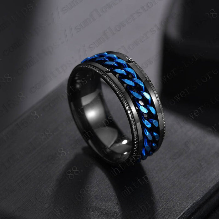 Wholesale blue stainless steel rotating ring JDC-RS-RXSFL010 Rings 尚芙乐 Pattern black+blue 7 Wholesale Jewelry JoyasDeChina Joyas De China
