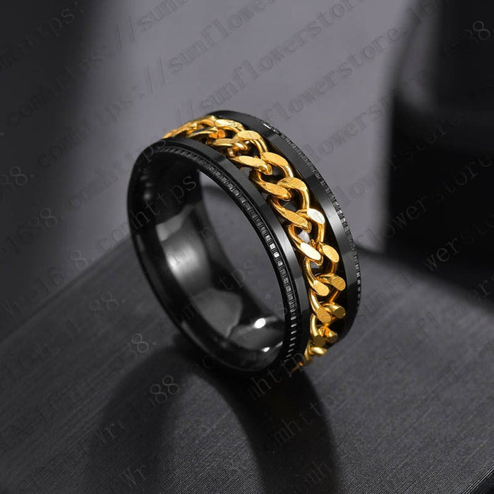 Wholesale blue stainless steel rotating ring JDC-RS-RXSFL010 Rings 尚芙乐 Pattern black+gold 7 Wholesale Jewelry JoyasDeChina Joyas De China