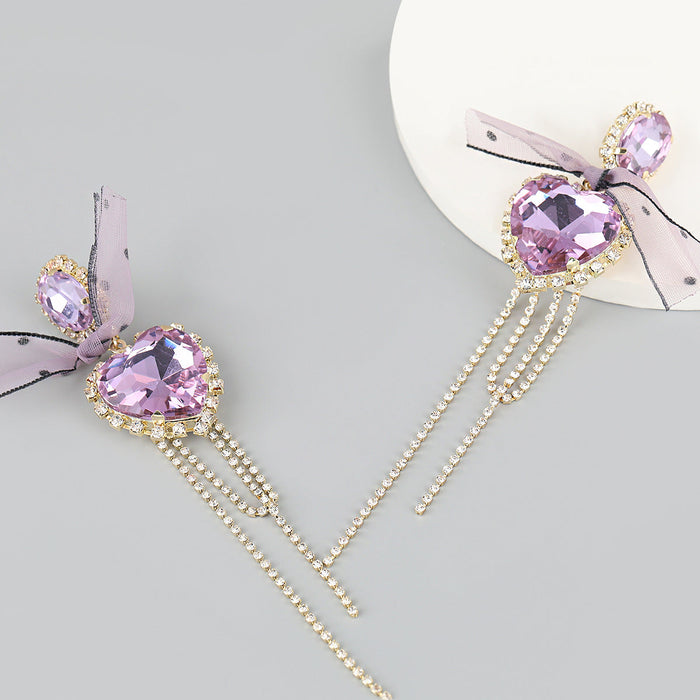 Wholesale bow love heart-shaped glass diamond studded Tassel Earrings JDC-ES-JL537 Earrings JoyasDeChina violet Wholesale Jewelry JoyasDeChina Joyas De China