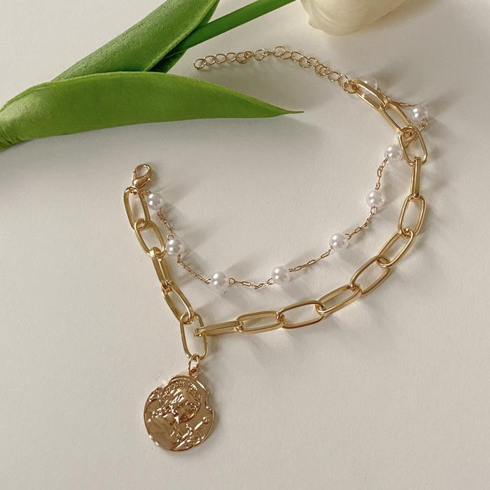 Wholesale Bracelet gold Pearl double chain Alloy JDC-BT-b345 Earrings JoyasDeChina golden Wholesale Jewelry JoyasDeChina Joyas De China