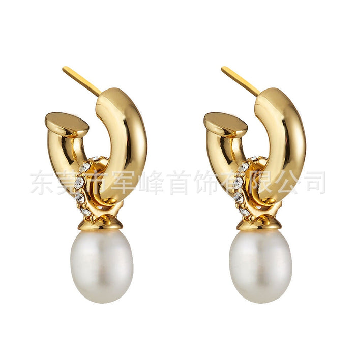Wholesale Brass Electroplated White Steel Pearl Earrings JDC-ES-Junf010 Earrings 军峰 gold Wholesale Jewelry JoyasDeChina Joyas De China
