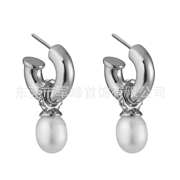 Wholesale Brass Electroplated White Steel Pearl Earrings JDC-ES-Junf010 Earrings 军峰 silver Wholesale Jewelry JoyasDeChina Joyas De China
