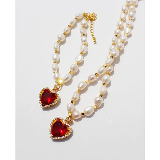 Wholesale Brass Gold Plated Zircon Pearl Heart Necklaces JDC-NE-BaoLi004 Necklaces 宝莉 Wholesale Jewelry JoyasDeChina Joyas De China