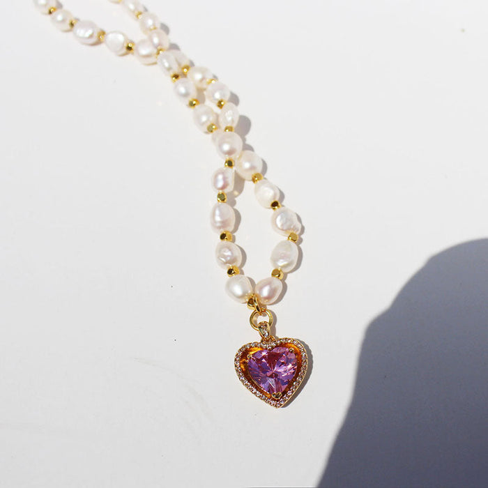 Wholesale Brass Gold Plated Zircon Pearl Heart Necklaces JDC-NE-BaoLi004 Necklaces 宝莉 pink necklace Wholesale Jewelry JoyasDeChina Joyas De China