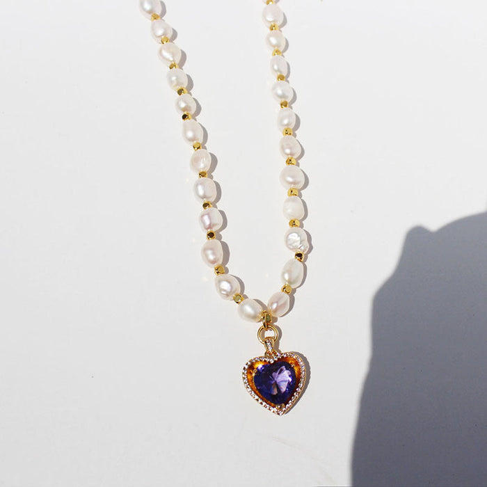 Wholesale Brass Gold Plated Zircon Pearl Heart Necklaces JDC-NE-BaoLi004 Necklaces 宝莉 purple necklace Wholesale Jewelry JoyasDeChina Joyas De China