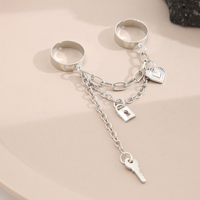 Wholesale chain two finger siamese cross key lock open alloy ring JDC-RS-F080 Rings 韩之尚 Wholesale Jewelry JoyasDeChina Joyas De China