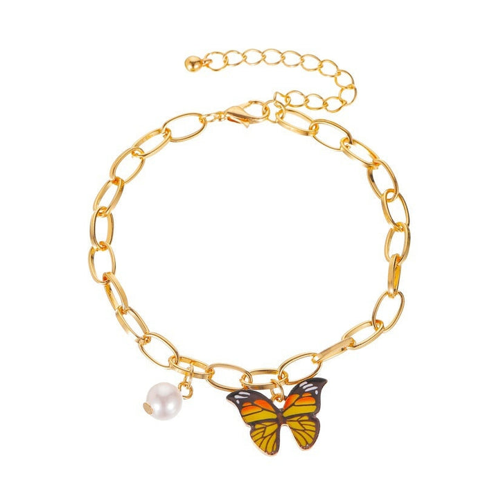 Wholesale Color Butterfly Alloy Pearl Thick Chain Bracelet JDC-BT-A028 Bracelet 妙雅 01KC yellow 3931 Wholesale Jewelry JoyasDeChina Joyas De China