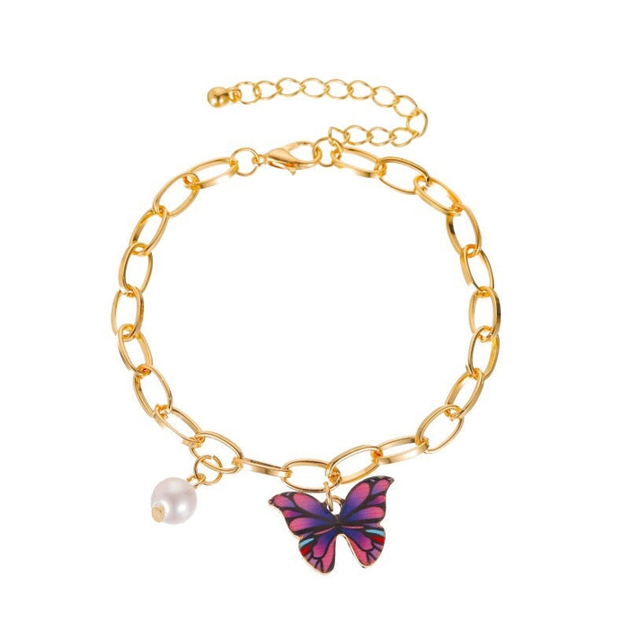 Wholesale Color Butterfly Alloy Pearl Thick Chain Bracelet JDC-BT-A028 Bracelet 妙雅 03KC purple 3933 Wholesale Jewelry JoyasDeChina Joyas De China