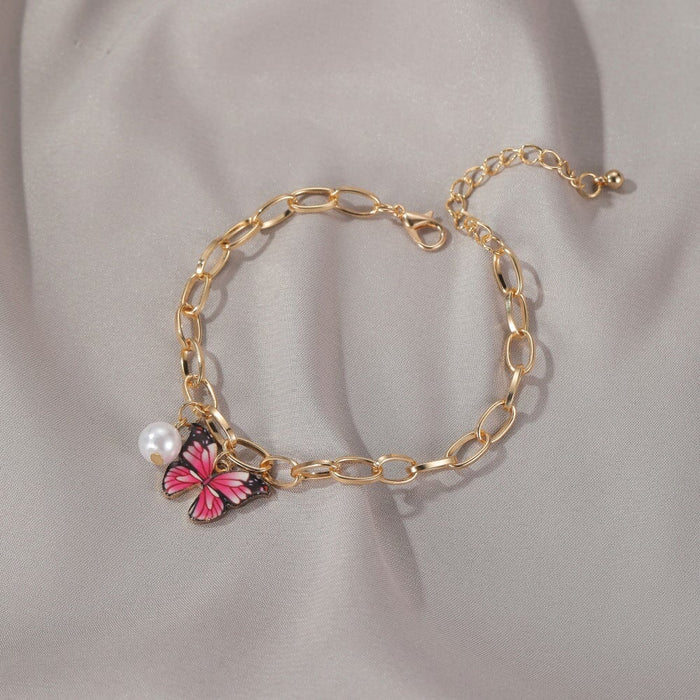 Wholesale Color Butterfly Alloy Pearl Thick Chain Bracelet JDC-BT-A028 Bracelet 妙雅 Wholesale Jewelry JoyasDeChina Joyas De China