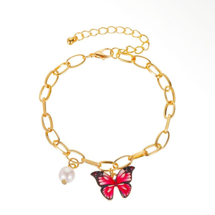 Wholesale Color Butterfly Alloy Pearl Thick Chain Bracelet JDC-BT-A028 Bracelet 妙雅 Wholesale Jewelry JoyasDeChina Joyas De China