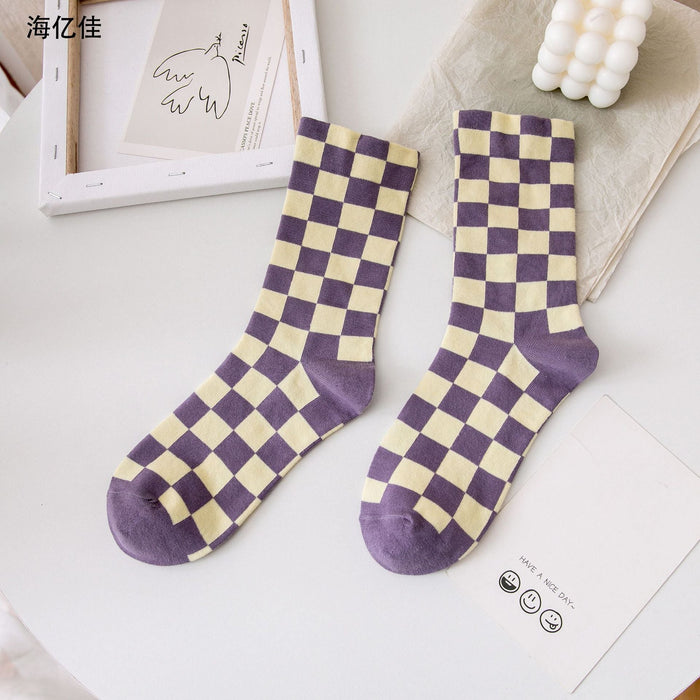 Wholesale color checkerboard cotton socks JDC-SK-GSHYJ005 Sock JoyasDeChina purple one size Wholesale Jewelry JoyasDeChina Joyas De China