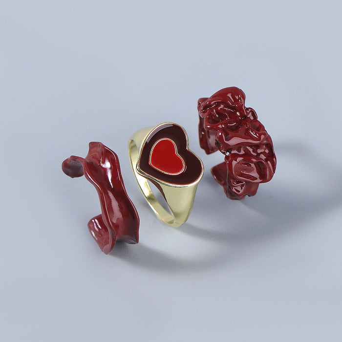 Wholesale color dripping oil heart-shaped copper rings 3-piece set JDC-RS-JL161 Rings JoyasDeChina dark red Wholesale Jewelry JoyasDeChina Joyas De China