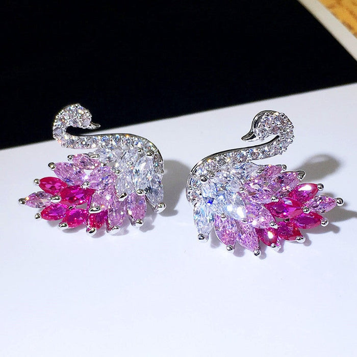 Wholesale color gradient zircon swan stud earrings MOQ≥2 JDC-ES-Kas002 Earrings 卡诗 Rose red MOQ2 Wholesale Jewelry JoyasDeChina Joyas De China