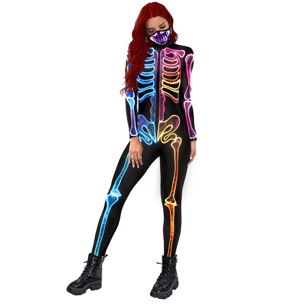 Bulk Jewelry Wholesale color polyester Halloween fluorescent skeleton printed ladies jumpsuit JDC-HW-NDB003 Wholesale factory from China YIWU China